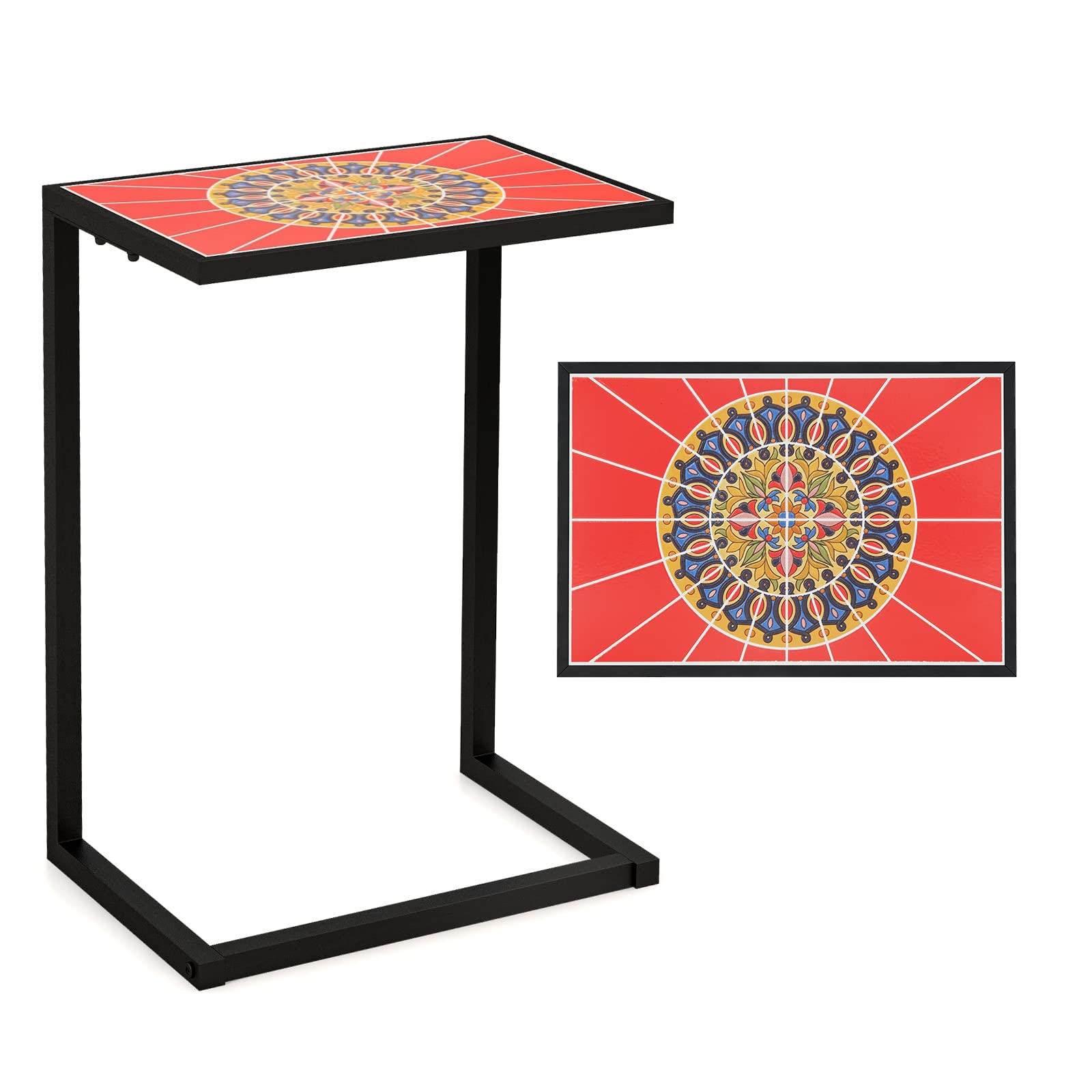 Table d'appoint d'extérieur Tangkula en forme de C, table de collation de patio avec plateau en céramique et cadre métallique antirouille